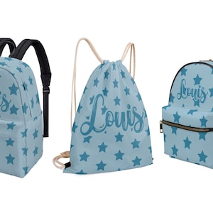 Sac à dos bleu ciel étoiles étoiles pour tout-petit sac à langer préscolaire enfant maternelle nom personnalisé toile cordon de serrage