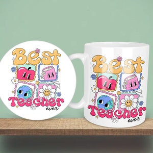 El mejor de todos los tiempos kawaii dibujos animados profesor de manzana pastel groovy Taza posavasos regalo set café taza de té lavavajillas microondas seguro Nombre personalizado personalizado
