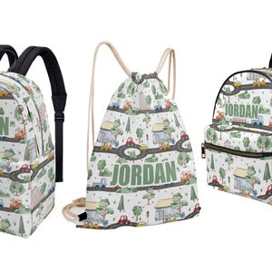 Car Cars Illustration Sac à dos pour enfant en bas âge, maternelle, école maternelle, sac à langer, nom personnalisé, toile, cordon de serrage