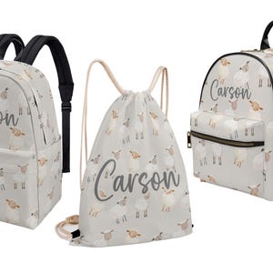 Sac à dos ferme mouton gris agneau pour tout-petit enfant maternelle sac à langer école préscolaire nom personnalisé toile cordon de serrage
