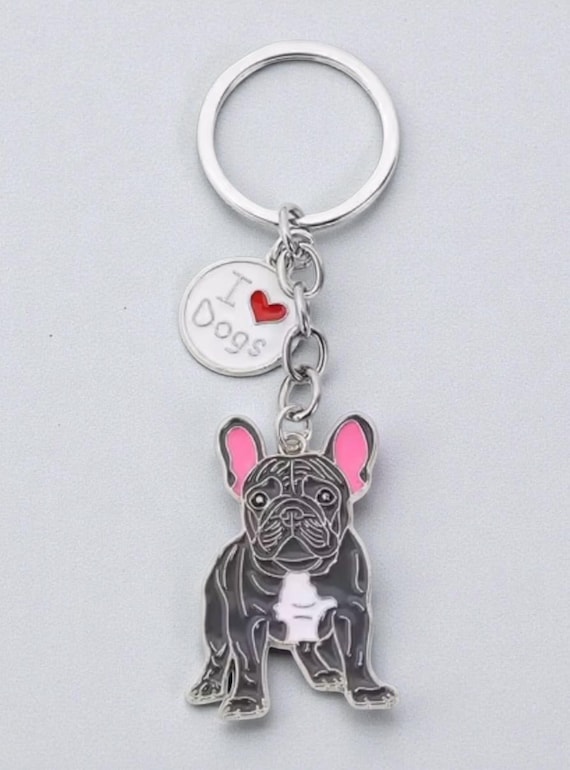 Grey Frenchie French Bulldog Metal Enamel Keyring, Dog Lover Gift