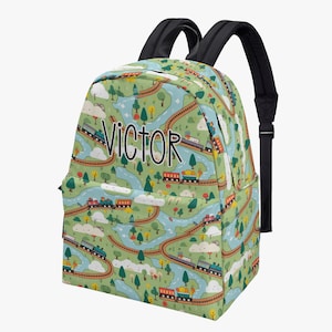 Cartoon Tree Train Trains Track Line Railway Mini backpack back pack bag toddler nursery preschool school changing Personalised Custom Name
