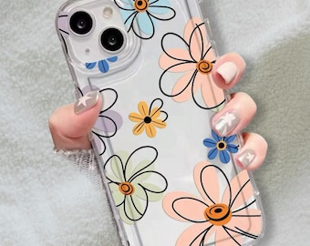 Pink line drawing daisy flower rainbow Clear Case For iPhone 15 14 13 12 11 Pro Max Gift For Women, Liquid Silicone Cover 7 8 plus XR XS SE