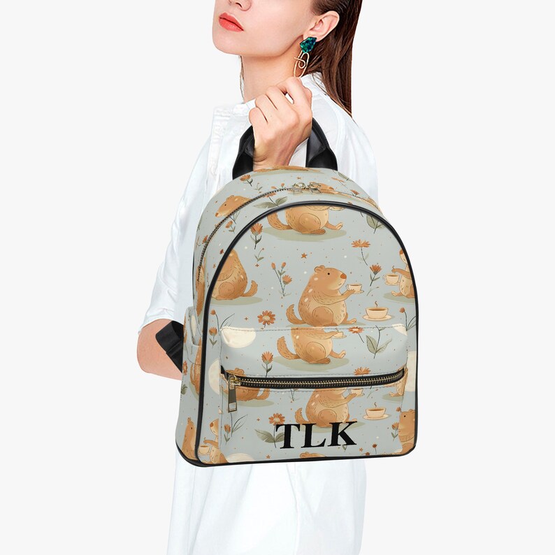 Pastel Blue Cute Cappy Capybara Print [ Backpack Back Pack PU Leather ...