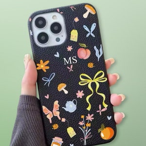 Iniciales de cinta de tetera negra de lujo Funda personalizada iPhone 15 14 13 12 11 Pro Mini Max Plus Funda con nombre de regalo Funda de cuero con letras personalizadas