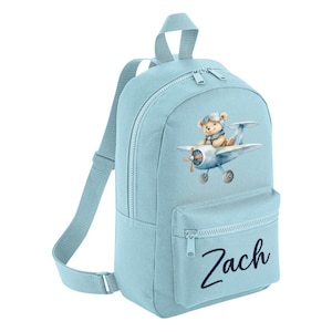 Mini sac à dos personnalisé bleu avion ours avec nom personnalisé, sac à dos pour la maternelle, préscolaire, sac pour l'école, enfant en bas âge