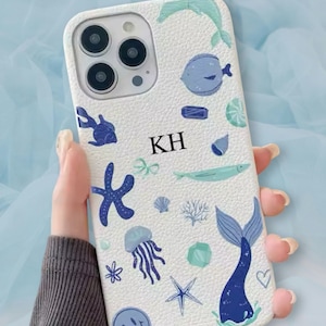 Funda personalizada con iniciales del mar azul náutico blanco de lujo iPhone 15 14 13 12 11 Pro Mini Max Plus Funda con nombre de regalo Funda de cuero con letras personalizadas