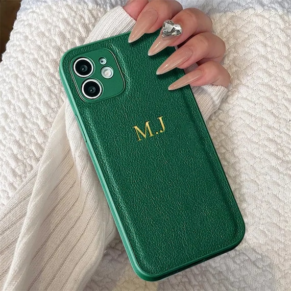 Luxury Green Gold Personalised Case For iPhone 15 14 13 12 11 Pro Max Women  Gift Name Case initials Letter Leather Cover plus XR XS SE
