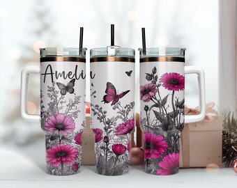 Felroze papaver klaprozen thermisch drinken 40oz beker, gepersonaliseerde ijskoffie, roestvrijstalen beker, geïsoleerde beker drinken voor koffieliefhebber