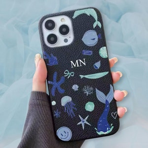 Funda personalizada con iniciales del mar azul náutico de la Marina de lujo iPhone 15 14 13 12 11 Pro Mini Max Plus Funda con nombre de regalo Funda de cuero con letras personalizadas