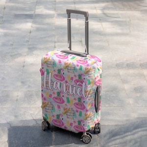 Hot pink palm flamingo beach pool float pineapple Printed Stretch Zip suitcase travel luggage cover cloth S M L XL Personalised custom name