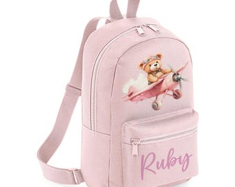 Różowy samolotowy miś mini plecak z personalizowanym imieniem, plecak do przedszkola, torba do szkoły, dla małych dzieci