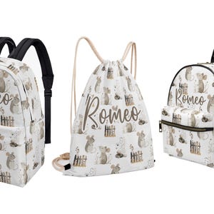 Sac à dos blanc souris des champs ferme pour tout-petit enfant maternelle sac à langer école préscolaire nom personnalisé toile cordon de serrage