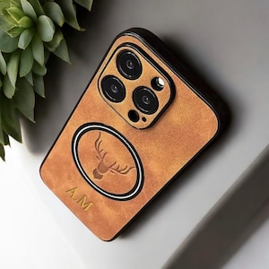 Funda personalizada para iPhone con cabeza de ciervo de lujo en color canela, para iPhone 15, 14, 13, 12, 11, 16 Pro Max Plus, compatible con cargador inalámbrico, letra inicial