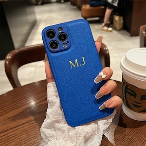 Funda personalizada de lujo en azul y dorado para iPhone 15, 14, 13, 12, 11 Pro Max, funda de regalo para mujer con iniciales y nombre, funda de cuero para iPhone 7, 8 Plus, XR, XS, SE