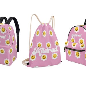 Smiley rose Y2K Daisy sac à dos pour tout-petit enfant maternelle sac à langer préscolaire nom personnalisé toile cordon de serrage