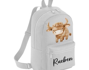 Highland Kuh Coo Farm Mini personalisierter Rucksack Benutzerdefinierter Name Rucksack, Rucksack für Kindergarten Vorschule, Tasche für Schule, Kleinkind Kinder