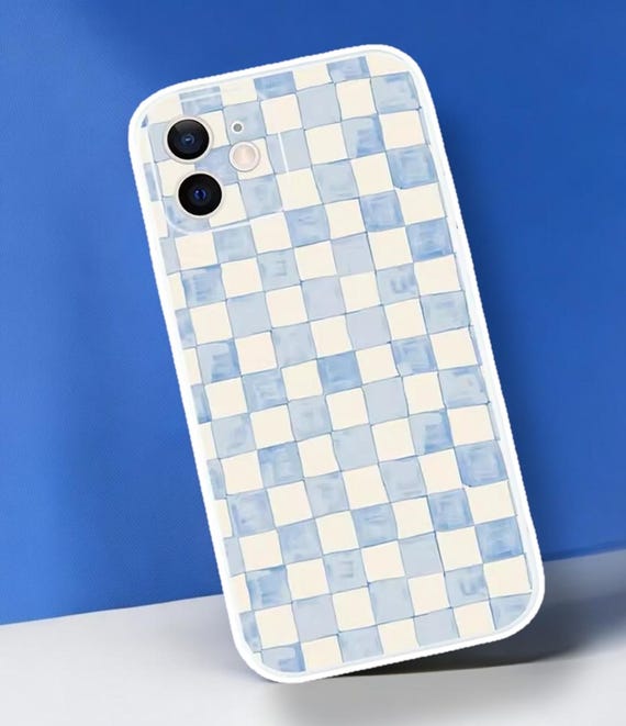Watercolour Check, Blue White Squares, iPhone Case for iPhone 16