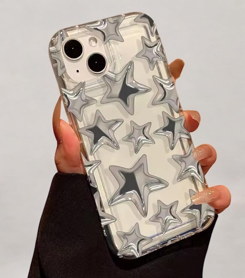 Silver Foil Star, Clear iPhone Case, For iPhone 16 15 14 13 12 11 Pro Max Case Gift For Unisex Men Silicone Cover 7 8 plus XR XS SE, Korean