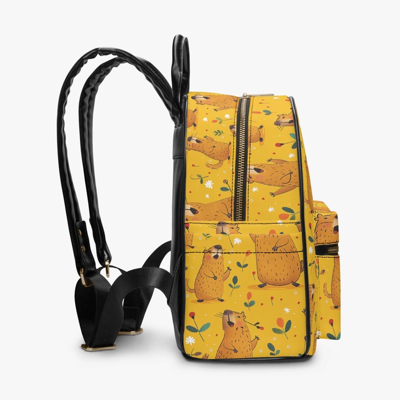 Yellow Leaf Flower Cappy Capybara Print [ Backpack Back Pack PU Leather ...