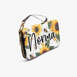 Miel de abeja amarillo girasol verde [para su cumpleaños regalo del día de las madres PU cuero falso cremallera monedero largo embrague ] Nombre personalizado