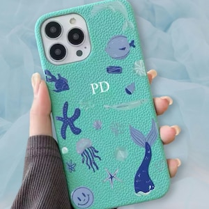 Funda personalizada con iniciales del mar azul náutico de menta de lujo iPhone 15 14 13 12 11 Pro Mini Max Plus Funda con nombre de regalo Funda de cuero con letras personalizadas
