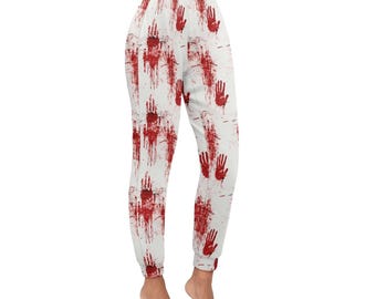 Red horror blood handprints Custom Womens OR Mens Unisex Loungewear, Lounge Pyjama Pants, Stretch Trousers, Sizes XS-6XL, Plus Size Pyjamas