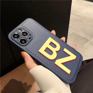 Funda personalizada de lujo azul marino amarillo para iPhone 15 14 13 12 11 Pro Max Plus Funda con nombre de regalo para mujer Funda de cuero con letra inicial personalizada