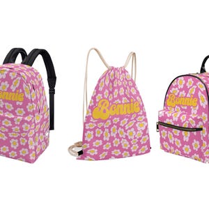 Sac à dos rose ondulé Daisy Y2K pour tout-petit enfant maternelle sac à langer préscolaire nom personnalisé toile cordon de serrage