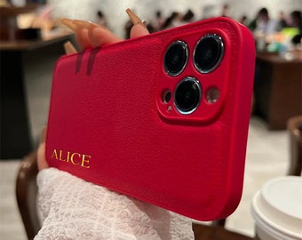 Luxury Red Gold Personalised Case For iPhone 15 14 13 12 11 Pro Max Women Gift Name Case Custom Minimalist Leather Cover 7 8 plus XR XS SE
