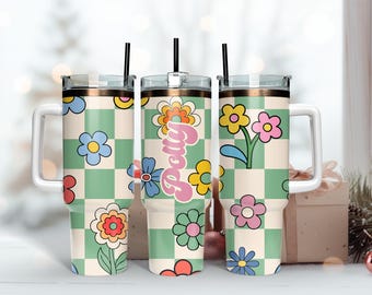 Grüne Retro Blume Thermo-Trinkbecher 40 Unzen, personalisierter Eiskaffee, Edelstahlbecher, Thermobecher für Kaffeeliebhaber