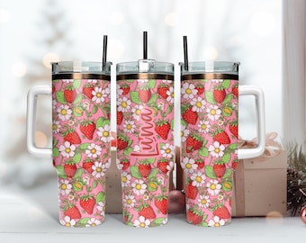 Pink Strawberry Thermal Drinking 40oz Tumbler, Personalized Iced Coffee Stainless Steel Cup, Girl Insulated Cup Drinking Coffee Lover Tea