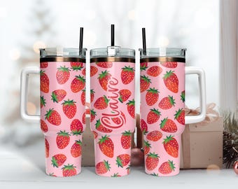 Pink Strawberry Thermal Drinking 40oz Tumbler, Personalized Iced Coffee Stainless Steel Cup, Girl Insulated Cup Drinking Coffee Lover Tea
