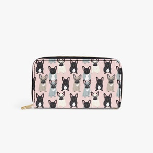 Rosa frenchie francés bulldog perro mascota para su cumpleaños día de las madres regalo PU cuero falso cremallera bolso cartera embrague largo Nombre personalizado