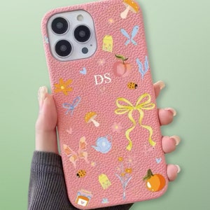 Funda personalizada con iniciales de cinta de tetera rosa de lujo iPhone 15 14 13 12 11 Pro Mini Max Plus Funda con nombre de regalo Funda de cuero con letras personalizadas