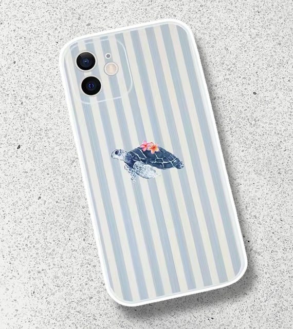Flower Sea Turtle, Blue Stripe, Beach Theme iPhone Case, for