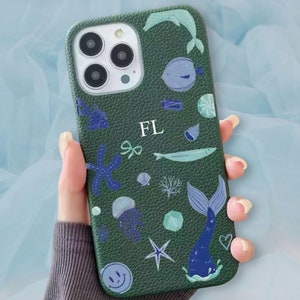 Funda personalizada con iniciales del mar azul náutico verde de lujo iPhone 15 14 13 12 11 Pro Mini Max Plus Funda con nombre de regalo Funda de cuero con letras personalizadas