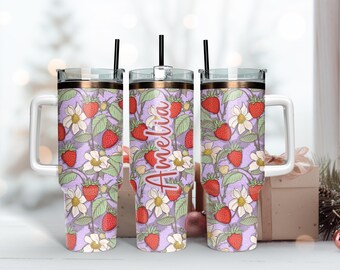 Flieder Erdbeere Thermo-Trinken 30oz 40oz Becher, gruselige Eiskaffee Edelstahltasse, Mädchen Thermotasse Tee trinken Kaffee Liebhaber