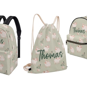 Sac à dos vert sauge de porcelet de porc pour le sac à langer d'école préscolaire de crèche d'enfant en bas âge personnalisé nom personnalisé toile cordon de serrage