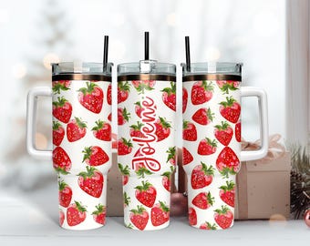 Red Strawberry Thermal Drinking 40oz Tumbler, Personalized Iced Coffee Stainless Steel Cup, Girl Insulated Cup Drinking Coffee Lover Tea