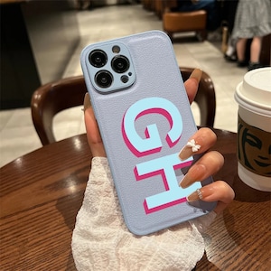Funda personalizada de lujo Neon Pink Sky Blue para iPhone 15 14 13 12 11 Pro Max Plus Funda con nombre de regalo para mujer Funda de cuero con letra inicial personalizada