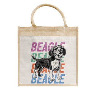 Beagle cartoon hond regenboog woord [hond huisdier minnaar puppy cadeau voor haar jute eco canvas linnen boekentas tas] Gepersonaliseerde aangepaste naam