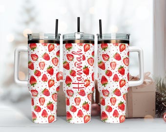 Red Strawberry Thermal Drinking 40oz Tumbler, Personalized Iced Coffee Stainless Steel Cup, Girl Insulated Cup Drinking Coffee Lover Tea