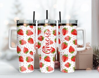 Red Strawberry Thermal Drinking 40oz Tumbler, Personalized Iced Coffee Stainless Steel Cup, Girl Insulated Cup Drinking Coffee Lover Tea