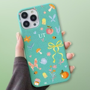 Funda personalizada con iniciales de cinta de tetera de menta de lujo iPhone 15 14 13 12 11 Pro Mini Max Plus Funda con nombre de regalo Funda de cuero con letras personalizadas