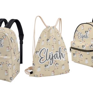 Sac à dos jaune crème vache vaches pour tout-petit enfant maternelle préscolaire sac à langer personnalisé nom personnalisé toile cordon de serrage