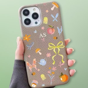 Funda personalizada con iniciales de cinta de tetera beige de lujo iPhone 15 14 13 12 11 Pro Mini Max Plus Funda con nombre de regalo Funda de cuero con letras personalizadas