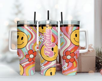 Groovy Rainbow retro thermische drinkbeker van 40 oz, gepersonaliseerde ijskoffie, roestvrijstalen beker, geïsoleerde beker drinken voor koffieliefhebber