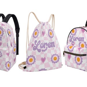 Sac à dos lilas Y2K Check Heart pour tout-petit enfant maternelle sac à langer préscolaire nom personnalisé toile cordon de serrage