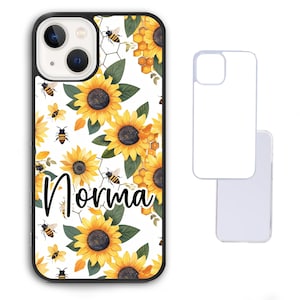 May include: A white phone case with a black border and a sunflower and bee design. The case has the name "Norma" printed on it.